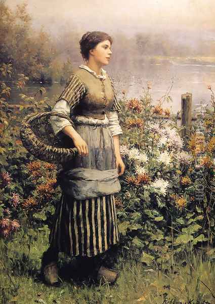 Maid Among The Flowers Oil Painting - Daniel Ridgway Knight