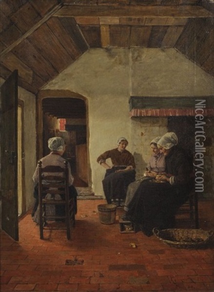 Interieur Mit Vier Hollanderinnen Beim Kartoffelschalen Oil Painting - Karl Walter Leopold von Kalckreuth