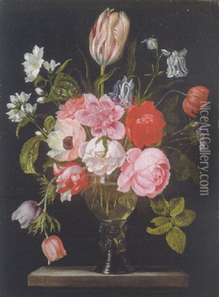 Tulips, Roses, Poppies, Anemones, Gardinia And Other Flowers In A Roemer On A Stone Plinth Oil Painting - Jan Peeter Brueghel