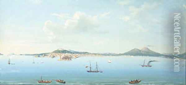 Shipping in the Bay of Naples, with Vesuvius erupting beyond Oil Painting - Neapolitan School