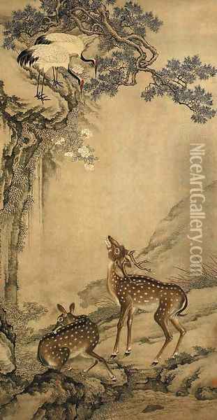 Cranes and Deer Oil Painting - Shen Quan