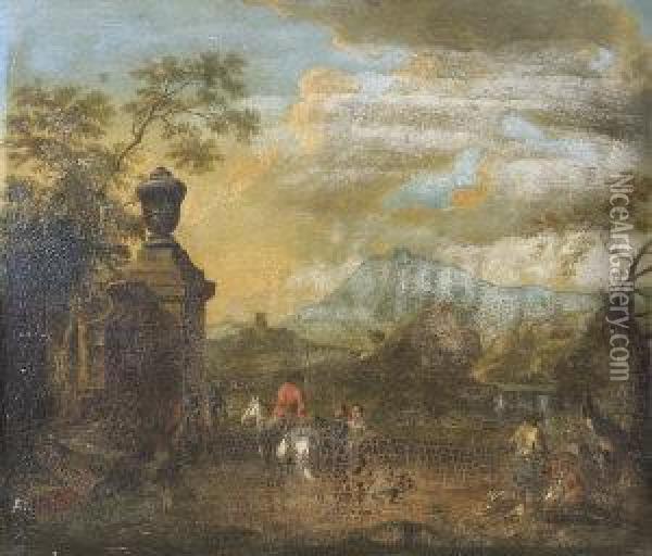 Figures In An Italianate Landscape Oil Painting - Franz Ferg