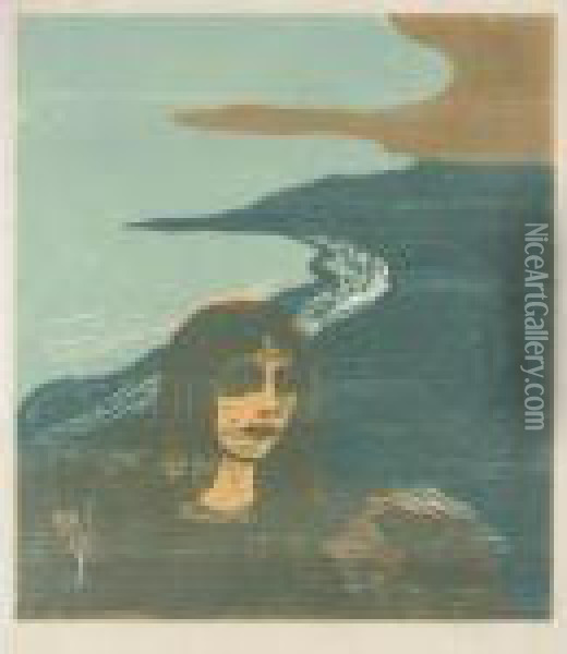Womans's Head Against The Shore (woll 152; Schiefler 129) Oil Painting - Edvard Munch