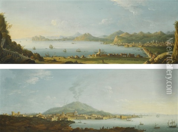 A Panoramic View Of Catania, With Etna Beyond And A Panoramic View Of Palermo (pair) Oil Painting - Antonio Joli
