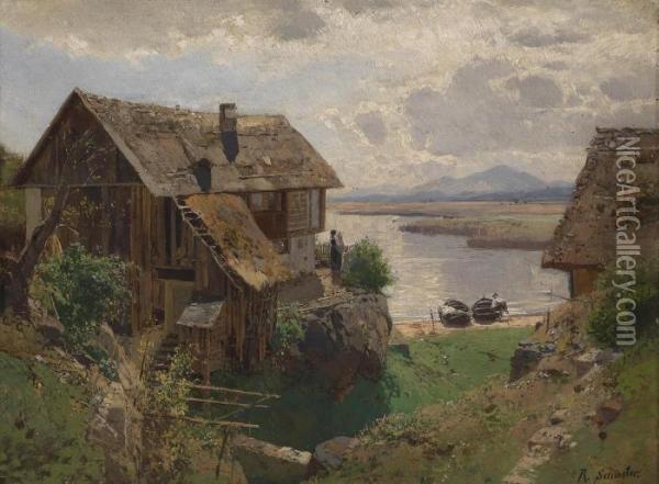 House By The Lake Oil Painting - Rudolf Heinrich Schuster