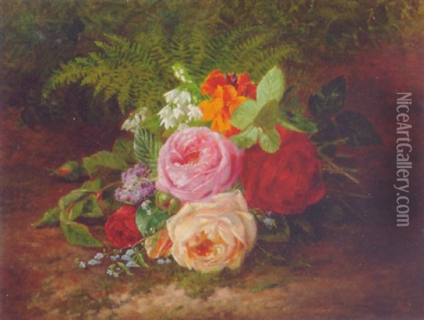A Still Life With Roses, Forget-me-nots And Indian Cress Oil Painting - Francois Joseph Huygens
