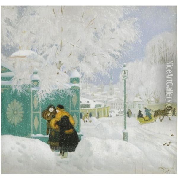 Winter Scene Oil Painting - Boris Mikhailovich Kustodiev