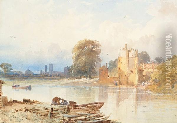 River Scene With Figures In Rowing Boat, And Buildings Beyond Oil Painting - Thomas Miles Richardson