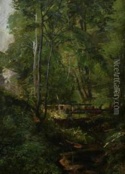 Footbridge Over Woodland Stream Oil Painting - Gertrud Staats