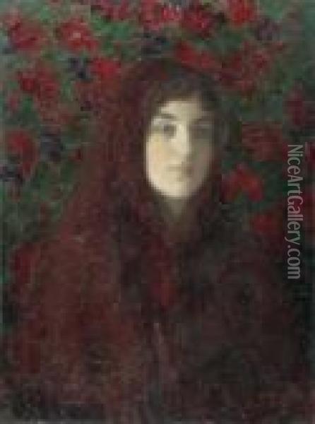 Portrait Of A Woman With A Red Head Cloth. Oil Painting - Isaak Israilevich Brodsky