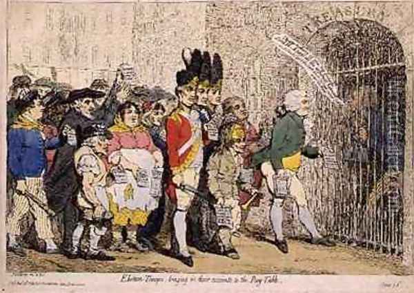 Election Troops bringing in their accounts to the Pay Table Oil Painting - James Gillray