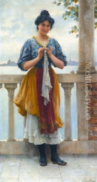 Young Girl Before The Lagoon, Venice Oil Painting - Eugen von Blaas