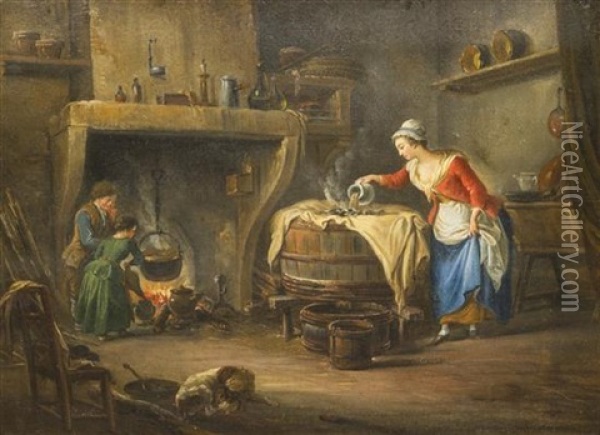 Tending The Fire Oil Painting - Jean-Baptiste Charpentier the Elder