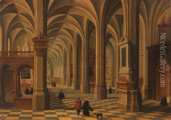 Interior Of A Gothic Church With Figures Oil Painting - Bartholomeus Van Bassen