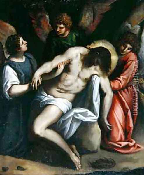 The Dead Christ, Held by Three Angels Oil Painting - Palma Vecchio (Jacopo Negretti)