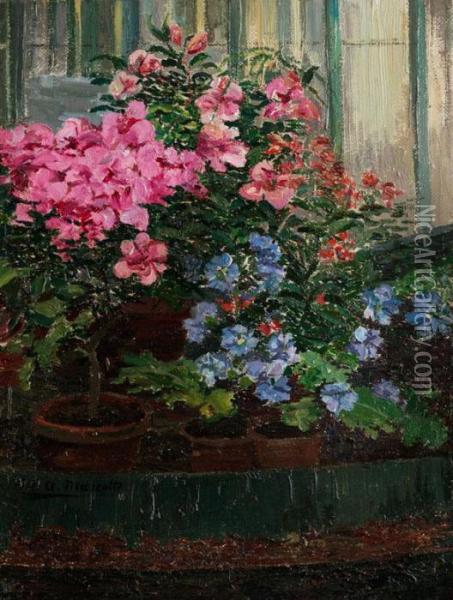 Blumentopfe Mit Azaleen Und Blauen Topfblumen Vor Wintergartenfenstern Oil Painting - Marie-Antoinette Marcotte