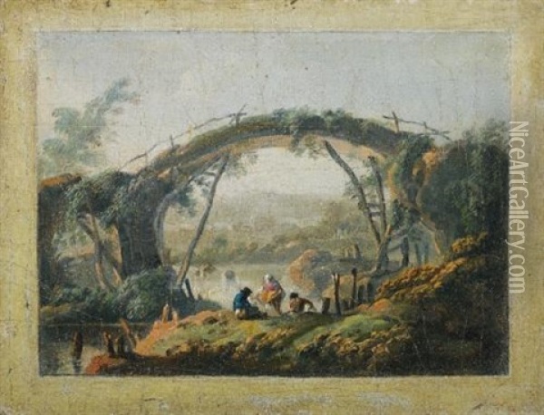 River Landscape With Figures Approaching A Bridge (+ Another; Pair) Oil Painting - Jean Baptiste Pillement