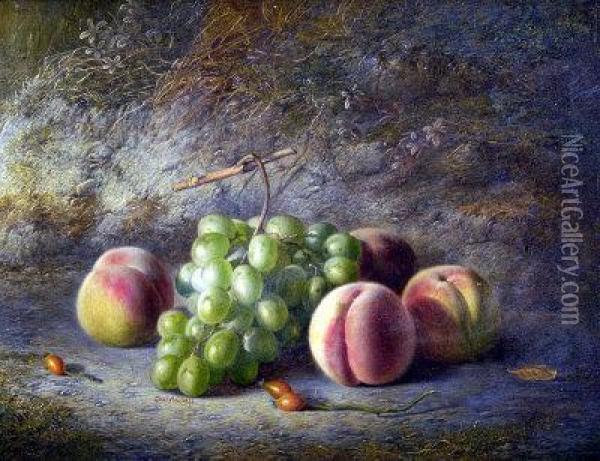 Still Life, Grapes And Peaches On A Mossy Bank Oil Painting - Charles Archer