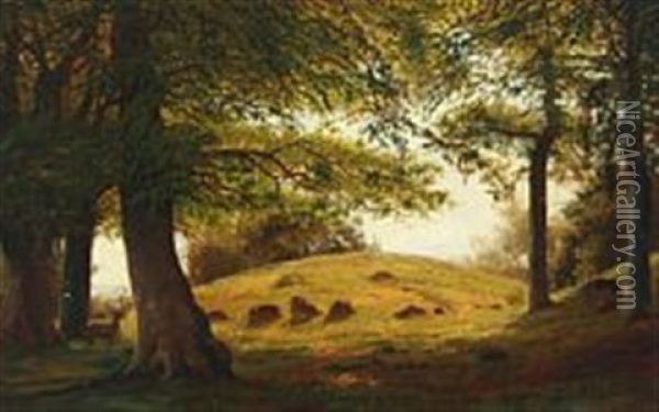 Landscape With Deer Oil Painting - Niels Fristrupp