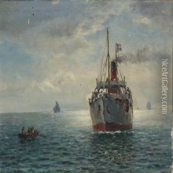 Seascape With A Steamer Oil Painting - Holger Peter Svane Lubbers