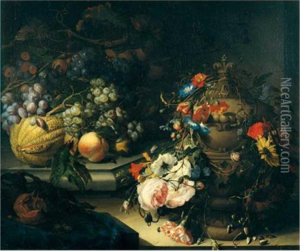 A Still Life Of Fruit On A Ledge And Flowers Decorating An Urn Oil Painting - Jacob van Walscapelle