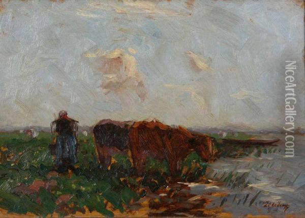 Hollands Landschap Met Zeeuwse Boerin En Koeien Aan Het Water Oil Painting - Johan Antonio de Jonge