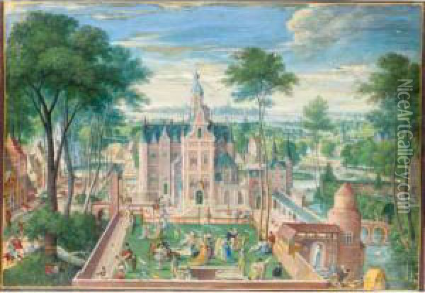 View Of A Castle, With Elegant 
Figures In The Walled Garden, A Village And Landscape Beyond Oil Painting - Hans Bol