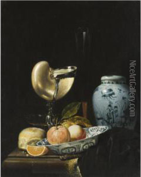 Still Life With Peaches And An Orange In A Porcelain Wan-li Kraak Bowl Oil Painting - Juriaen van Streeck