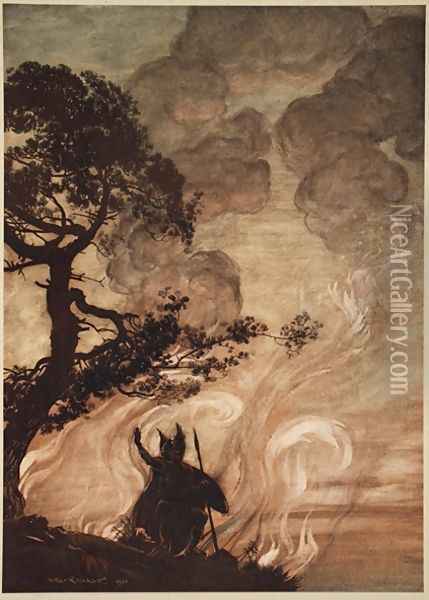 As he moves slowly away, Wotan turns and looks sorrowfully back at Brunnhilde, illustration from The Rhinegold and the Valkyrie, 1910 Oil Painting - Arthur Rackham