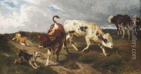 Two Little Calfs Withdogs. Oil Painting - Anton Braith