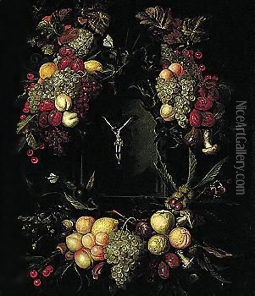 Still Life Of Garlands Of Fruit Encircling A Stone Niche, Within Which Stands A Crucifix Oil Painting - Jan Pauwel Gillemans The Elder