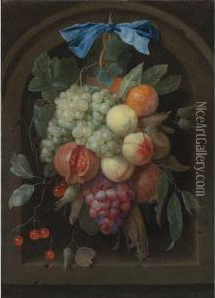Still Life Of Grapes, Peaches, A Pomegranate And Other Fruithanging From A Nail Before A Stone Niche Oil Painting - Joris Van Son