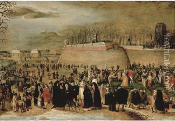 A Winter Carnival With Figures On The Ice Before The Kipdorppoort Bastion In Antwerp Oil Painting - Denis van Alsloot