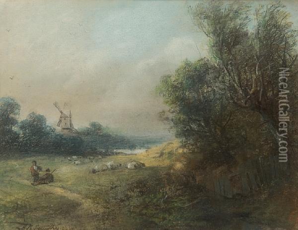 Landscape With Figures And Windmill Oil Painting - Edward Robert Smythe