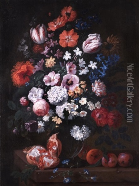 Grosses Blumenstilleben Mit Granatapfel Oil Painting - Philips van Kouwenberg
