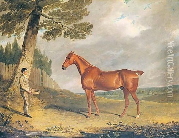 A Chestnut Hunter And Groom In A Landscape Oil Painting - John Frederick Herring Snr