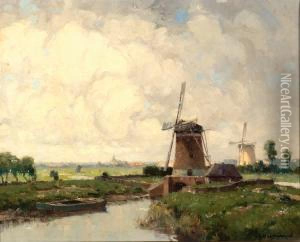 Mills Along A Canal Oil Painting - Gerardus Johannes Delfgaauw