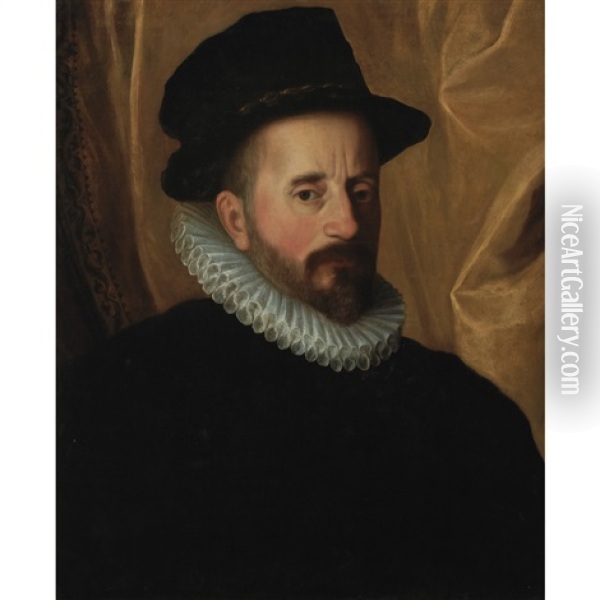 Portrait Of A Gentleman In A Tall Hat And Millstone Ruff Oil Painting - Giovanni Battista