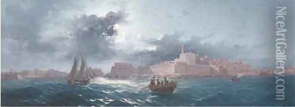 Crowded small craft running out of Grand Harbour, Valetta, by moonlight 2 Oil Painting - Luigi Maria Galea