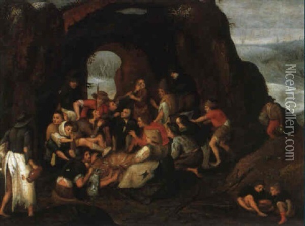 Winterlandschaft Mit Bauern Und Hirten An Einam Lagefeuer Oil Painting - Pieter Brueghel the Younger