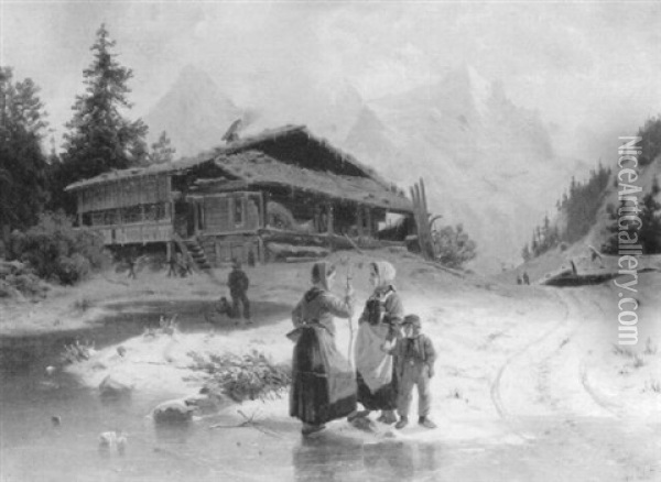 Figures In A Frozen Alpine Landscape With Cottage Oil Painting - Johannes Bartholomaeus Duntze