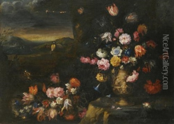 Still Lifes, Each With Vases Of Flowers In A Coastal Landscape Setting (pair) Oil Painting - Francesco Mantovano