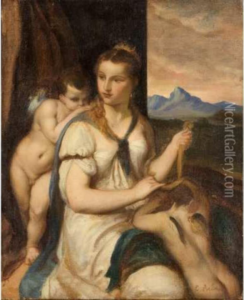 Arbeit E.(1824-1900) Venus Bandant Les Yeux A L Amour (d Apres Letitien). Huile Sur Toile Signee En Bas A Droite. 46 Oil Painting - Eugene Arbeit