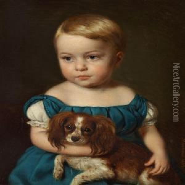 A Little Girl With Herdog Oil Painting - Andreas Herman Hunaeus