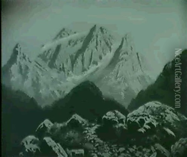 Alpenpanorama, Inmitten Der Bergwelt Auf Steinigem Weg      Sennerin Oil Painting - Karl Paul Themistocles von Eckenbrecher
