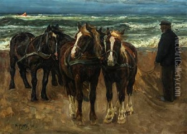 Man With Four Horses Watching A Boat At High Seas Near Skagen Oil Painting - Niels Pedersen Mols