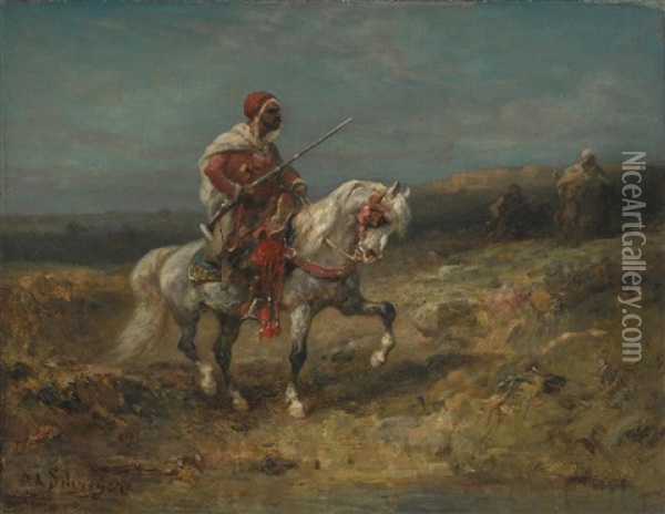 An Arab Horseman On The Look-out Oil Painting - Adolf Schreyer
