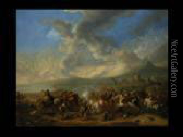 Schlachtenszene Vor Tiefer Landschaft Und Festung Oil Painting - Pieter Wouwermans or Wouwerman