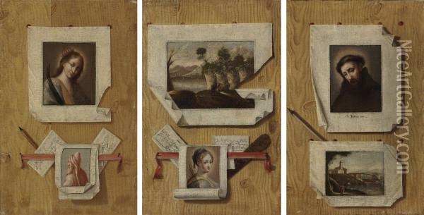 A Trompe L'oeil Still Life With A Painting Of Saint Francis Ofassisi Pinned To A Wall; And Two Companion Trompe L'oeilpaintings Oil Painting - Antonio Cioci or Ciocchi