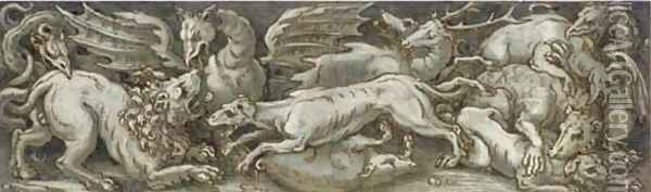 A frieze with dragons, dogs, a lion, a boar and a stag fighting Oil Painting - Veronese School